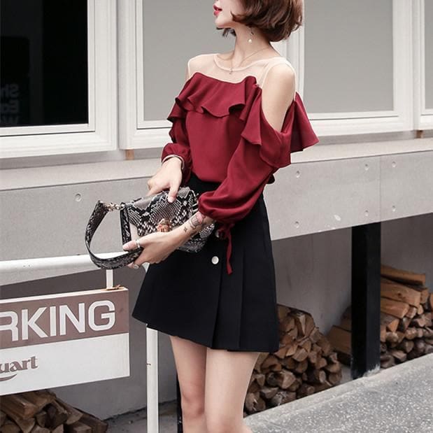 Wine Black Falbala Off-Shoulder Shirt/Skirt Set SP14036 - Harajuku Kawaii Fashion Anime Clothes Fashion Store - SpreePicky