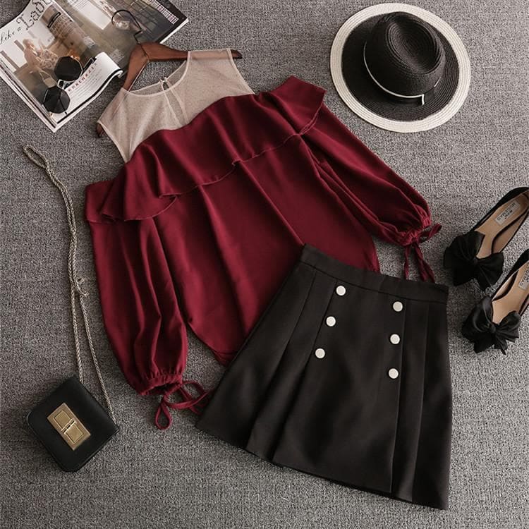 Wine Black Falbala Off-Shoulder Shirt/Skirt Set SP14036 - Harajuku Kawaii Fashion Anime Clothes Fashion Store - SpreePicky