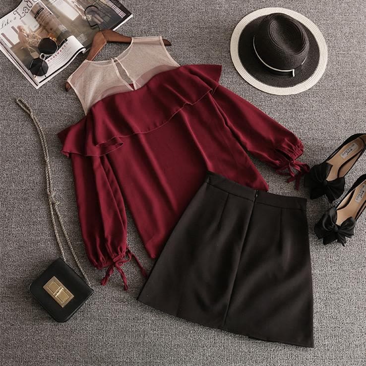 Wine Black Falbala Off-Shoulder Shirt/Skirt Set SP14036 - Harajuku Kawaii Fashion Anime Clothes Fashion Store - SpreePicky