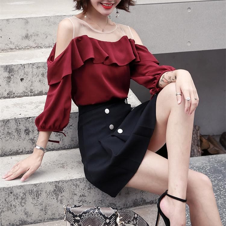 Wine Black Falbala Off-Shoulder Shirt/Skirt Set SP14036 - Harajuku Kawaii Fashion Anime Clothes Fashion Store - SpreePicky