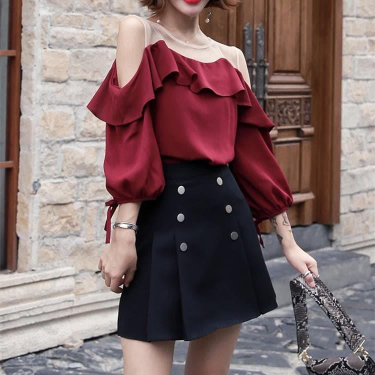 Wine Black Falbala Off-Shoulder Shirt/Skirt Set SP14036 - Harajuku Kawaii Fashion Anime Clothes Fashion Store - SpreePicky