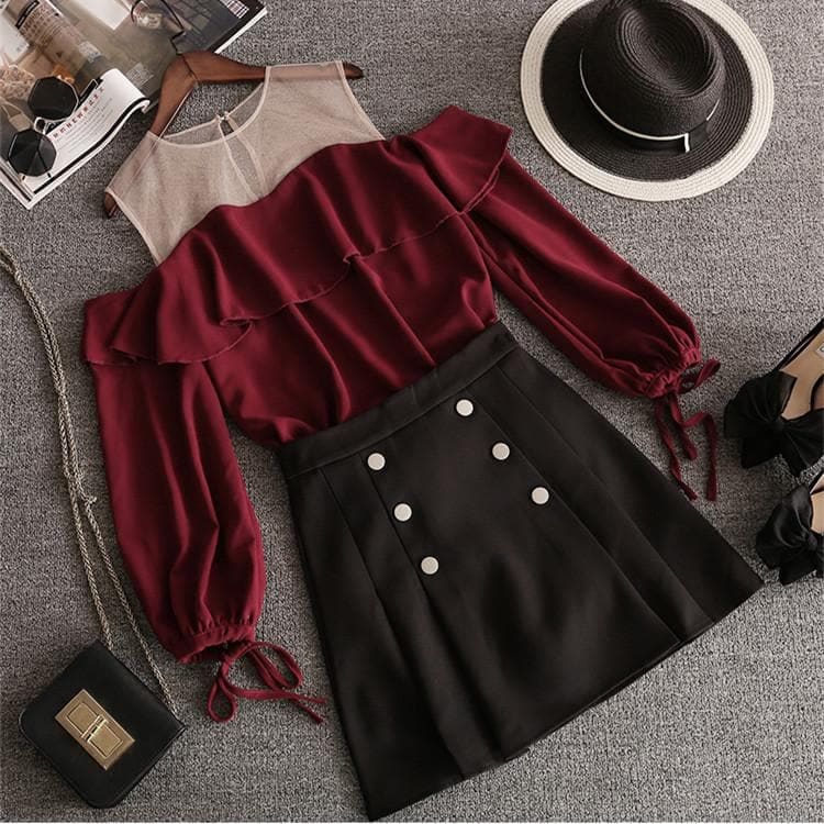 Wine Black Falbala Off-Shoulder Shirt/Skirt Set SP14036 - Harajuku Kawaii Fashion Anime Clothes Fashion Store - SpreePicky