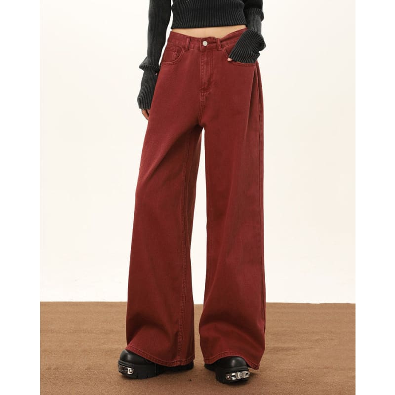 Wine Red Wide-Leg Jeans - Jeans