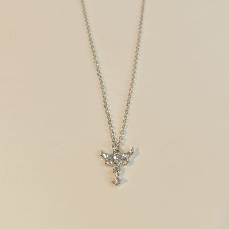 Wing Rhinestone Pendant Necklace - 1pc - Silver / One Size