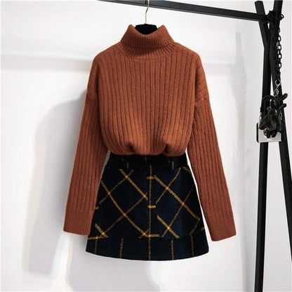 Winter Joker High Collar Long Sleeve Sweater Skirt Outfit