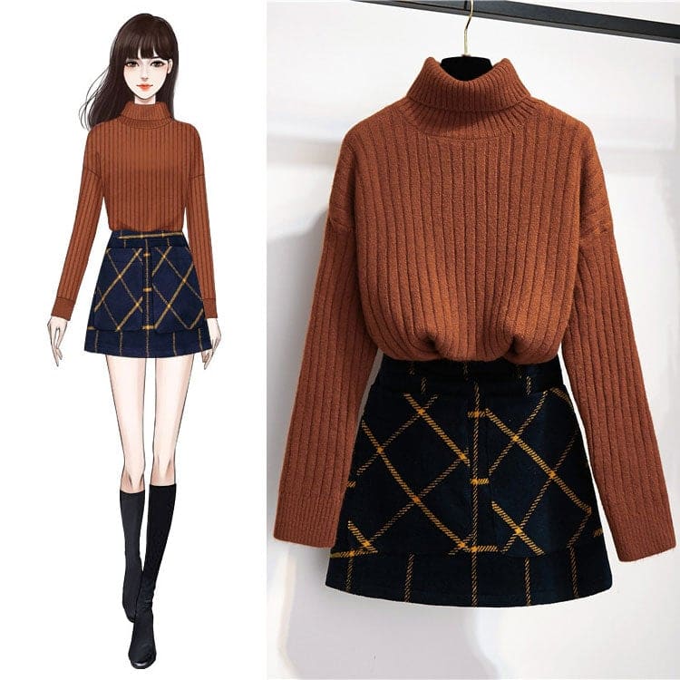 Winter Joker High Collar Long Sleeve Sweater Skirt Outfit