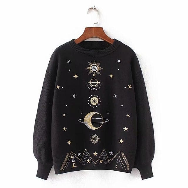 Winter Sweater Moon Star Embroidery Knitting Pullover BM114