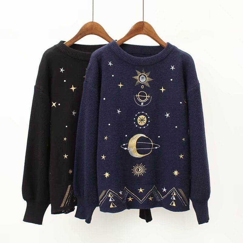 Winter Sweater Moon Star Embroidery Knitting Pullover BM114