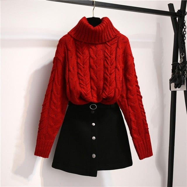 Winter Turtleneck 2 PCS Red Black Knitwear Top Skirt Outfit