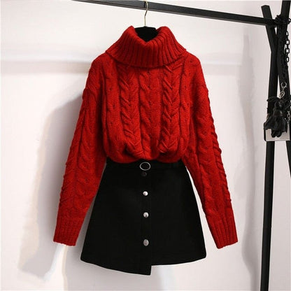 Winter Turtleneck 2 PCS Red Black Knitwear Top Skirt Outfit