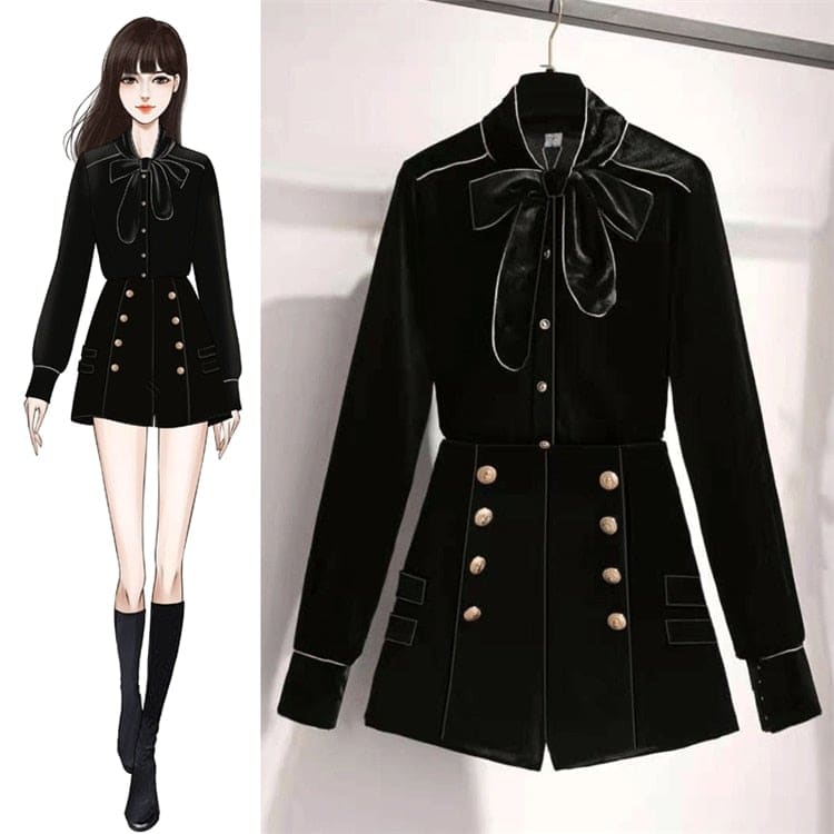 Winter Two Piece Set Top Shirts Black Shorts Suit MK16650