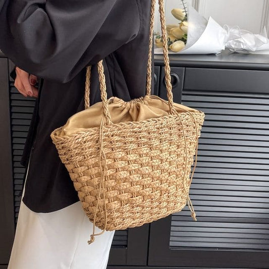 Woven Drawstring Bucket Bag