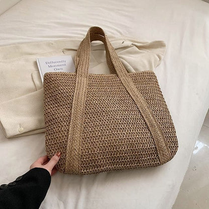 Woven Tasseled Tote Bag - Khaki / One Size