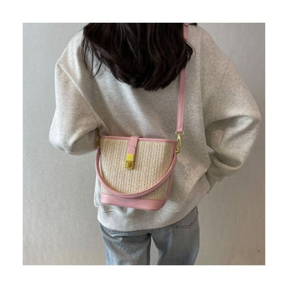 Woven Top Handle Buckled Bucket Bag