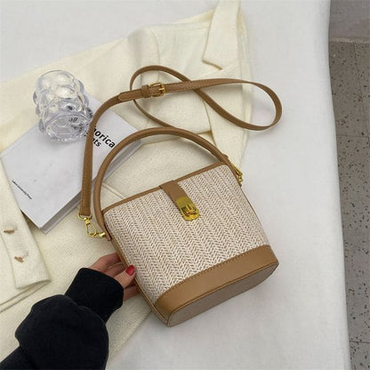 Woven Top Handle Buckled Bucket Bag - Khaki / One Size