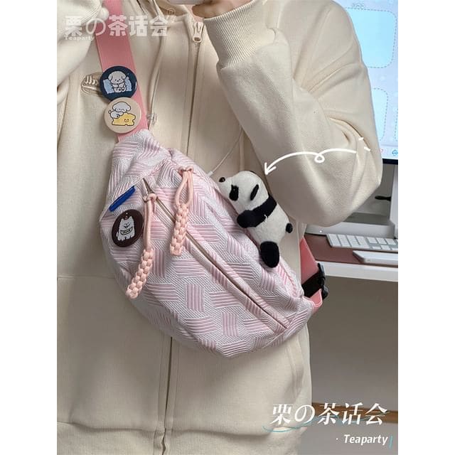 Woven Waist Bag / Bag Charm / Pin / Set - With Panda - Pink