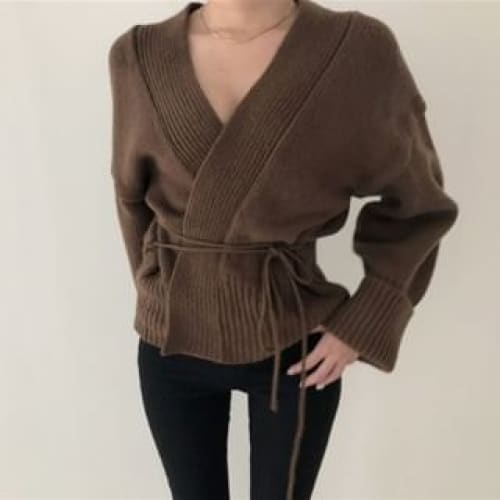 Wrapped V-Neck Knit Cardigan with Sash - Coffee / One Size