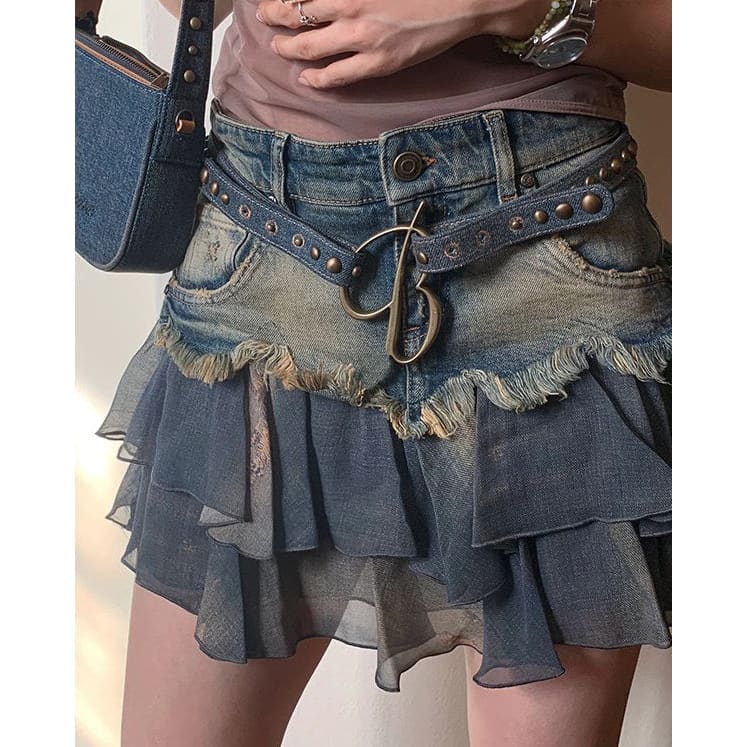 Y2K Aesthetic Denim Ruffled Skirt - Skirt