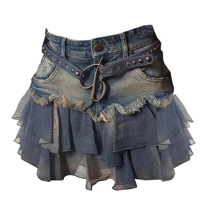 Y2K Aesthetic Denim Ruffled Skirt - S / Dark blue - Skirt