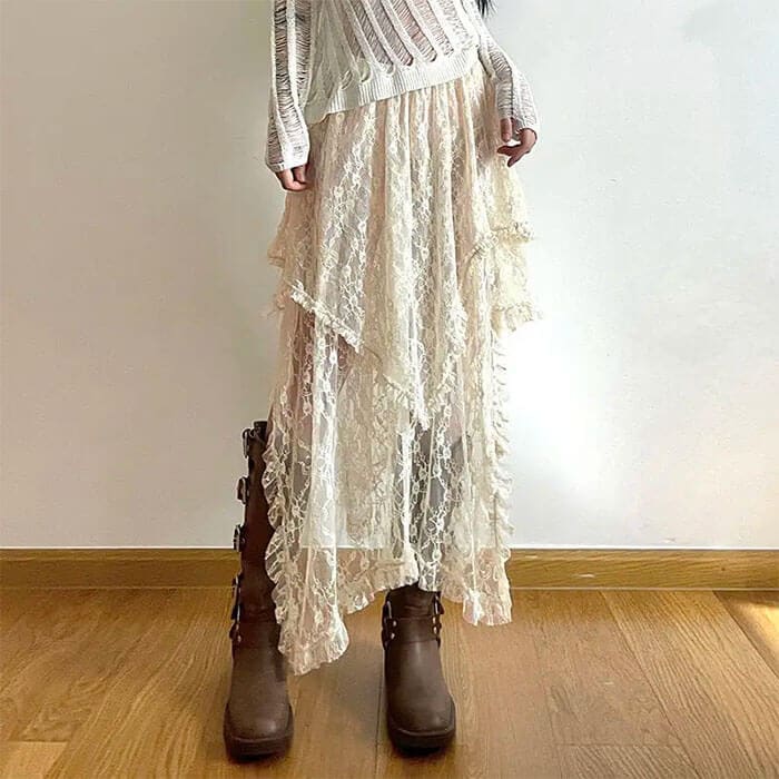 Y2K Asymmetrical Lace Skirt - Skirt