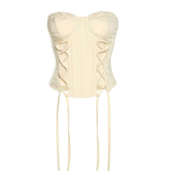 Y2K Beige Lace Up Corset - Tops