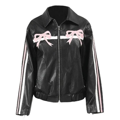 Y2K Bow Motorcycle Jacket - S / Black/pink - Jackets