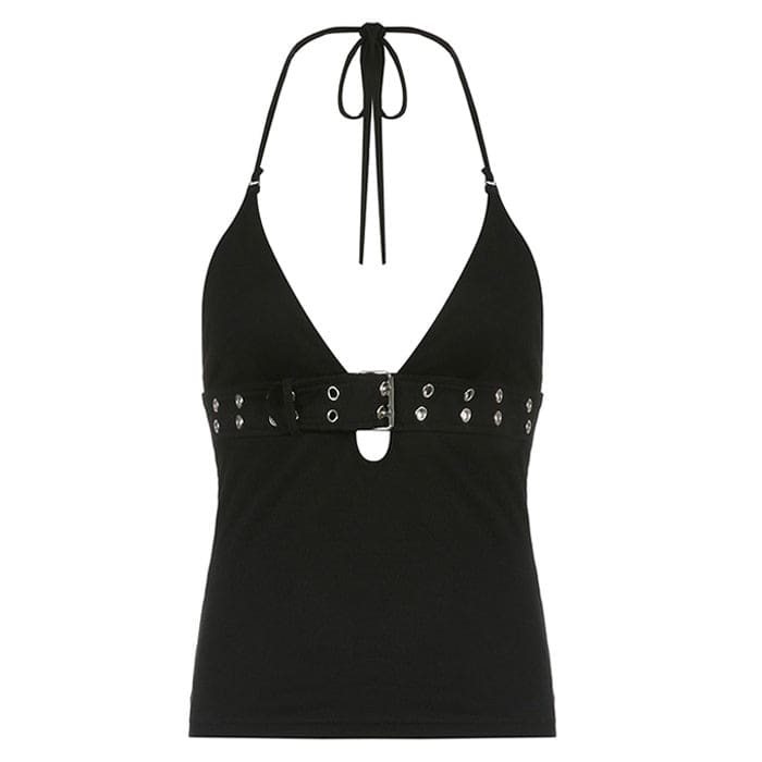 Y2K Buckle Halter Top - S / Black - Tops