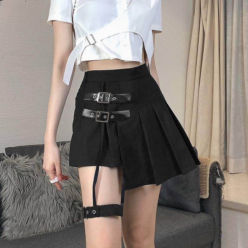 Y2K Buckle Leg Ring Mini Pleated Skirt