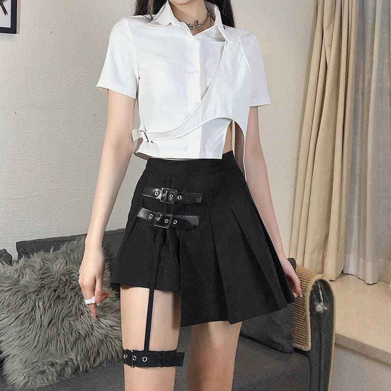 Y2K Buckle Leg Ring Mini Pleated Skirt