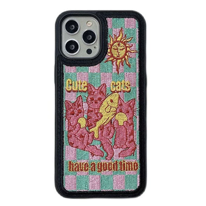 Y2K Cats Embroidery iPhone Case - IPhone Case