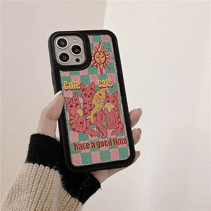 Y2K Cats Embroidery iPhone Case - IPhone Case