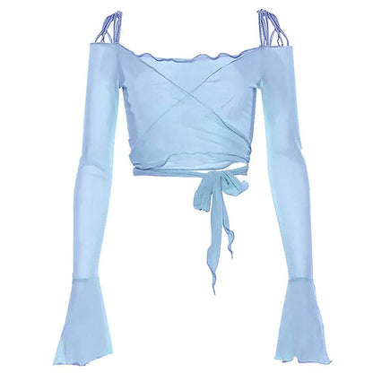 Y2K Chic Sleeves Mesh Top - S / Blue - Tops