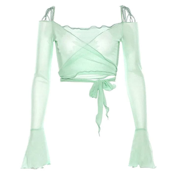 Y2K Chic Sleeves Mesh Top - S / Green - Tops