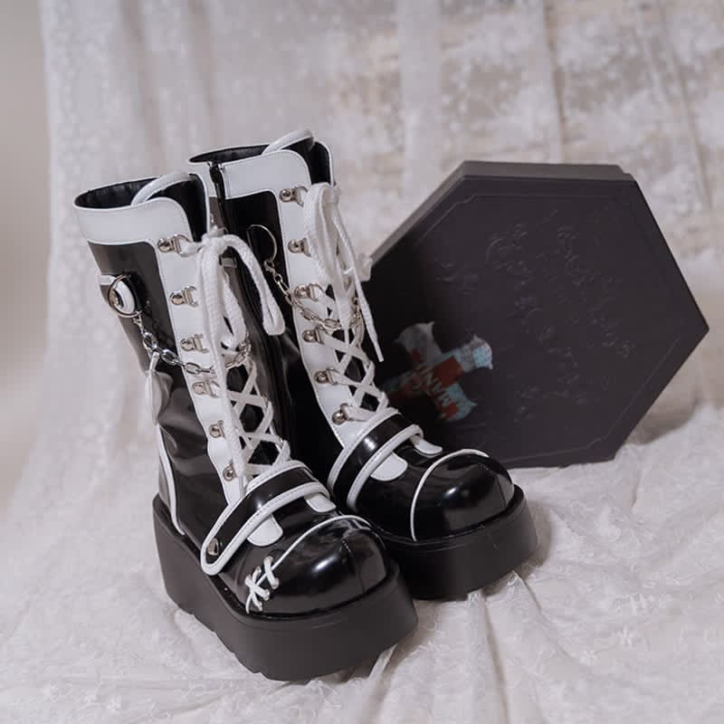 Y2K Colorblock Lace Up Platform Lolita Martin Boots - Black