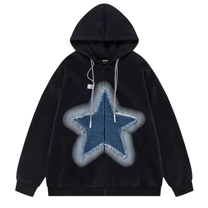 Y2K Denim Star Zip Up Hoodie - S / Black - Hoodie