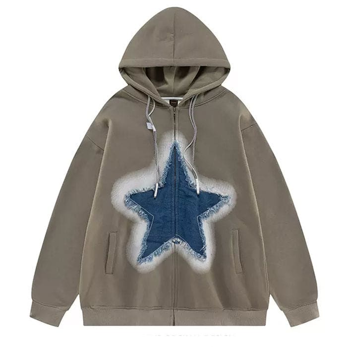 Y2K Denim Star Zip Up Hoodie - S / Green - Hoodie