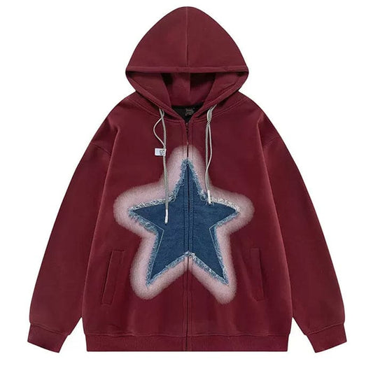 Y2K Denim Star Zip Up Hoodie - S / Red - Hoodie