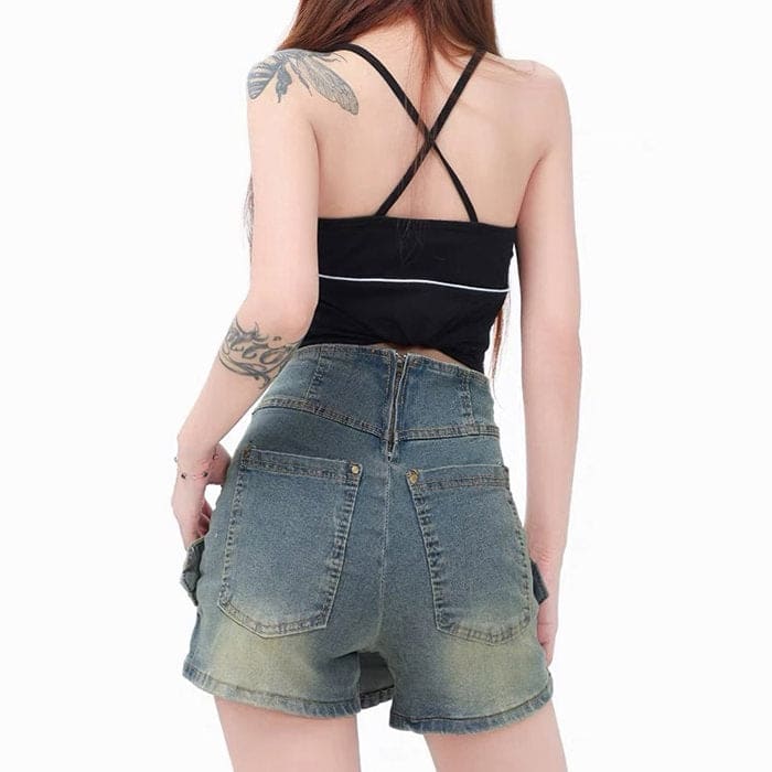 Y2K Double Buckle Denim Mini Skirt - Skirt