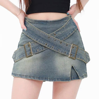 Y2K Double Buckle Denim Mini Skirt - Skirt