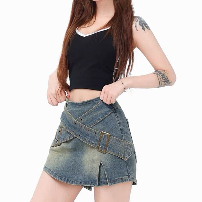 Y2K Double Buckle Denim Mini Skirt - Skirt