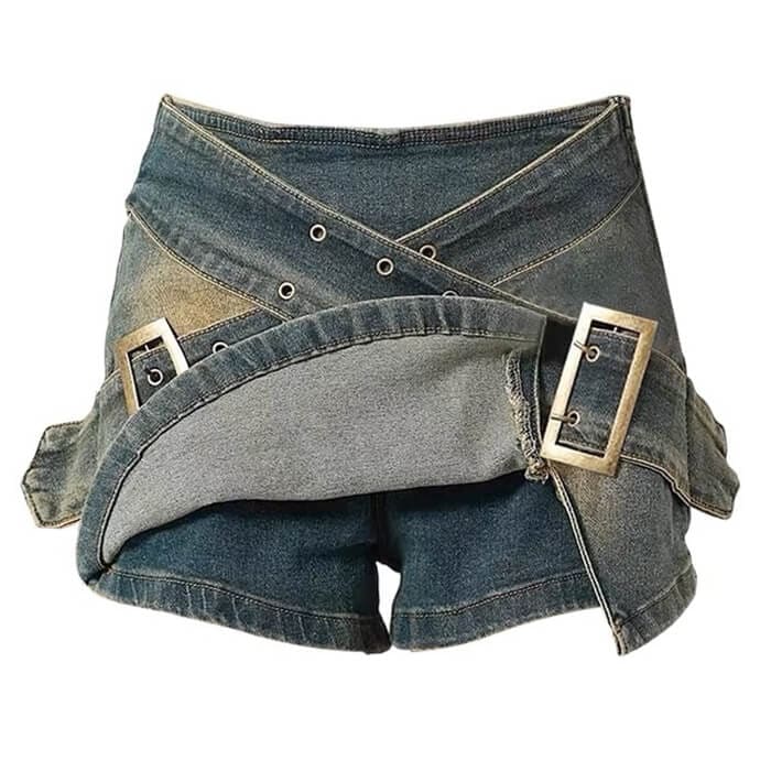 Y2K Double Buckle Denim Mini Skirt - Skirt