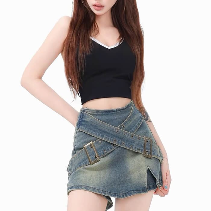 Y2K Double Buckle Denim Mini Skirt - Skirt