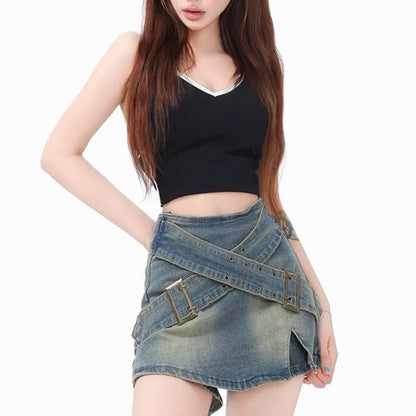 Y2K Double Buckle Denim Mini Skirt - Skirt