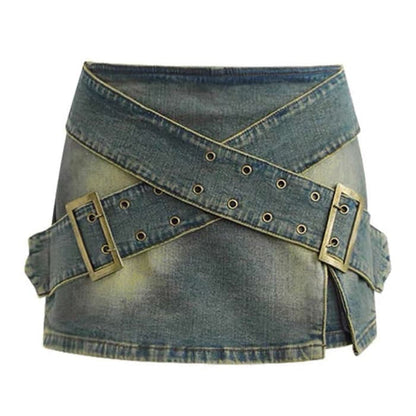 Y2K Double Buckle Denim Mini Skirt - S / Blue - Skirt