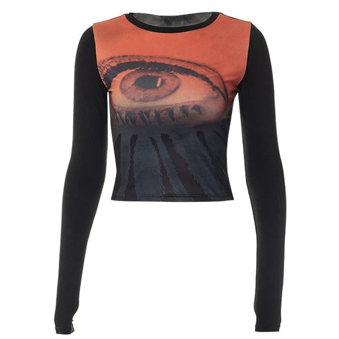 Y2K Eye Print Mesh Top - S / Black/orange - Tops