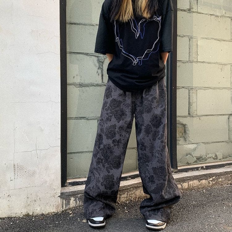 Y2K Floral Cord Pants - M / Black - Pants