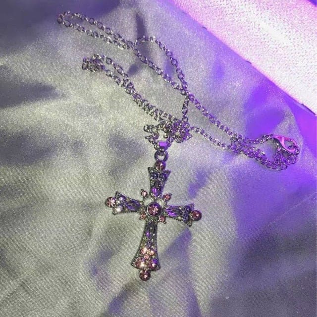 Y2K Gothic Pink Rhinestone Cross Vintage Collar Necklace