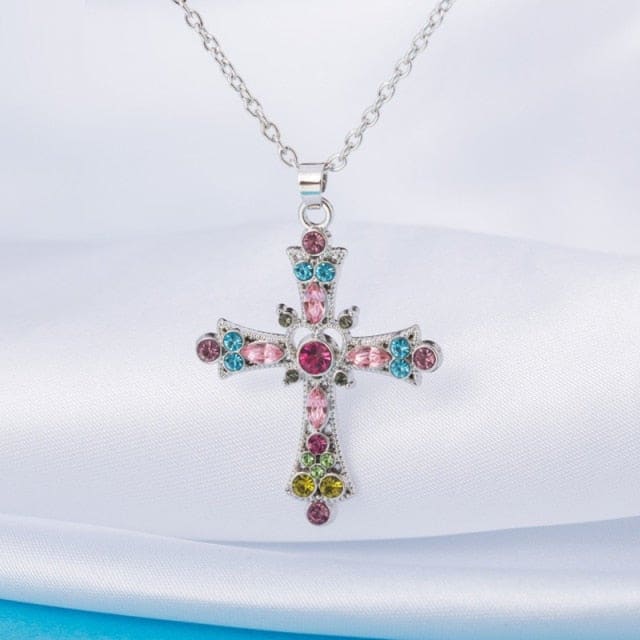 Y2K Gothic Pink Rhinestone Cross Vintage Collar Necklace