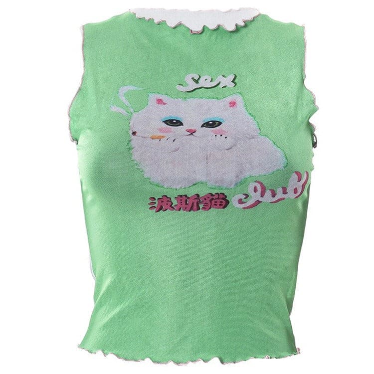 Y2K Green Kitty Crop Top - S / Green - Tops