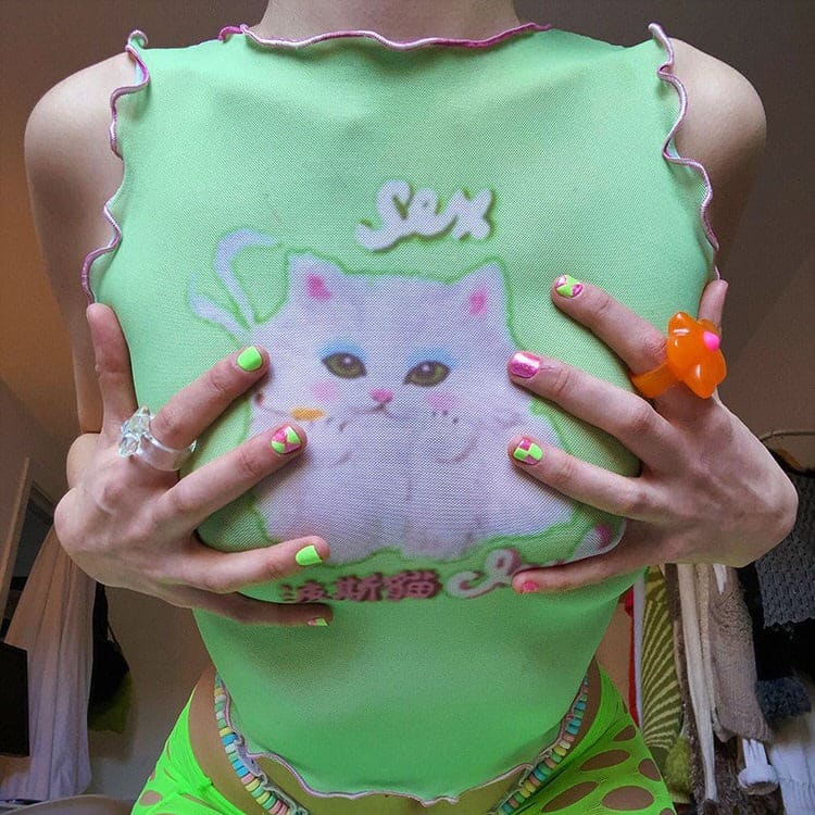 Y2K Green Kitty Crop Top - Tops